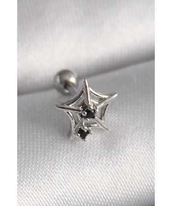 316L Çelik Gümüş Renk Siyah Zirkon Taş Detay Örümcek Ağ Model Tragus Piercing
