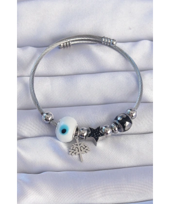 316L Çelik Gümüş Renk Siyah Zirkon Taşlı Yıldız Tasarımlı Ağaç Detay Nazarlı Charm Bileklik