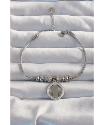 316L Çelik Gümüş Renk Zirkon Taş Aksesuarlı Fatma Ana Eli Bileklik