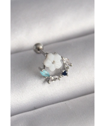 316L Çelik Gümüş Renk Zirkon Taş Detay Beyaz Çiçek Model Tragus Piercing