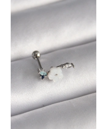 316L Çelik Gümüş Renk Zirkon Taş Detay Beyaz Çiçek Model Tragus Piercing