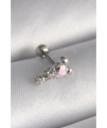 316L Çelik Gümüş Renk Zirkon Taş Detay Pembe Kalp İşleme Tragus Piercing