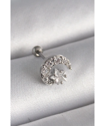 316L Çelik Gümüş Renk Zirkon Taşlı Ay Yıldız Tragus Piercing