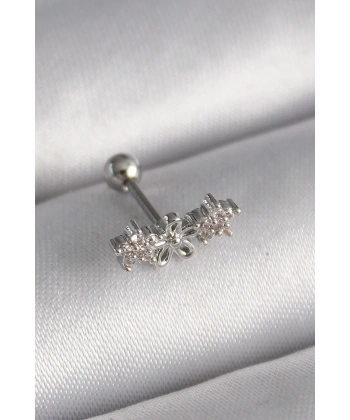 316L Çelik Gümüş Renk Zirkon Taşlı Çiçek Tragus Piercing
