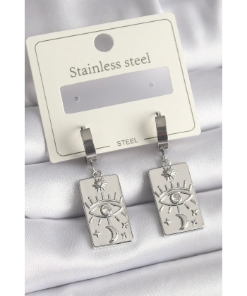 316L Çelik Gümüş Renk Zirkon Taşlı Göz İşleme Detaylı Plaka Model Kadın Küpe