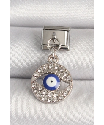 316L Çelik Gümüş Renk Zirkon Taşlı Göz Model Nazar Boncuk Detay Nomination Charm