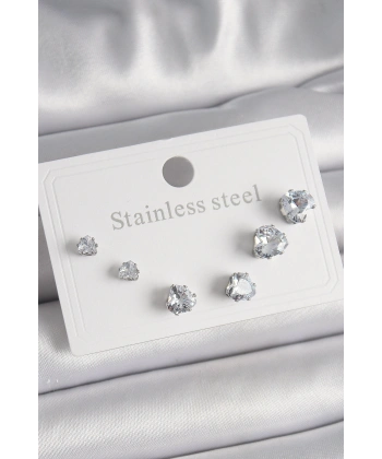 316L Çelik Gümüş Renk Zirkon Taşlı Kalp Model Kadın Küpe Seti