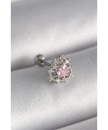 316L Çelik Gümüş Renk Zirkon Taşlı Kalp Tragus Piercing