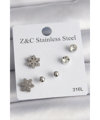 316L Çelik Gümüş Renk Zirkon Taşlı Kar Tanesi Model Kadın Küpe Seti