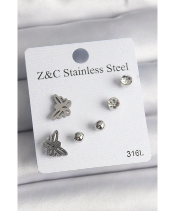 316L Çelik Gümüş Renk Zirkon Taşlı Kelebek Model Kadın Küpe Seti