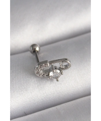 316L Çelik Gümüş Renk Zirkon Taşlı Toplu İğne Tragus Piercing