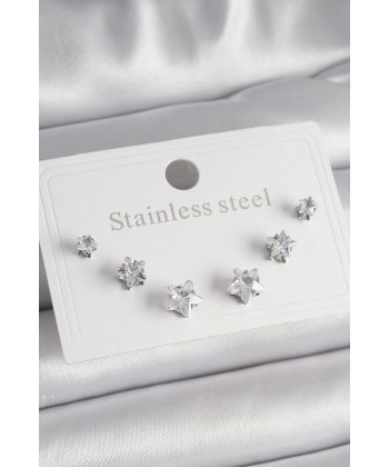 316L Çelik Gümüş Renk Zirkon Taşlı Yıldız Model Kadın Küpe Seti