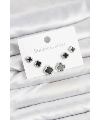 316L Çelik Gümüş Renk Zirkon Taşlı Yonca Model Kadın Küpe Seti