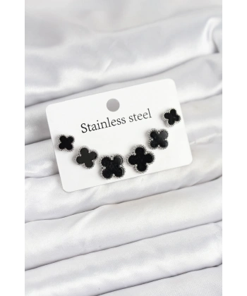 316L Çelik Gümüş Siyah Renk 3 Boy Yonca Küpe Seti