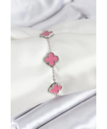 316L Çelik Gümüş Zincir Pembe Renk Yonca Bileklik