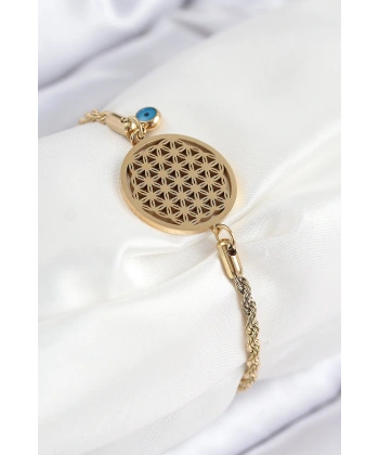 316L Çelik Nazar Boncuğu Detaylı Yaşam Çiçeği Model Gold Renk Kadın Bileklik