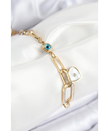 316L Çelik Nazar Boncuğu Ve Zirkon Taşlı Kalp Model Gold Renk Kadın Bileklik