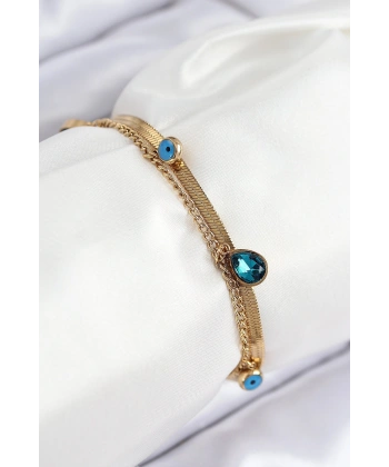316L Çelik Nazar Boncuk Detaylı Mavi Zirkon Taşlı Model İtalyan Zincir Gold Renk Kadın Bileklik