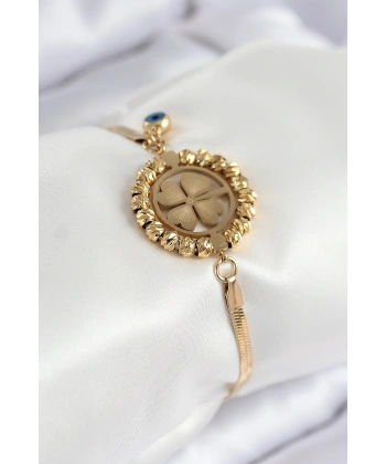 316L Çelik Nazar Boncuk Detaylı Yonca Model İtalyan Zincir Gold Renk Kadın Bileklik