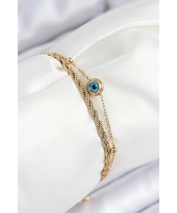 316L Çelik Nazar Boncuk Model Burgu Zincir Gold Renk Kadın Bileklik