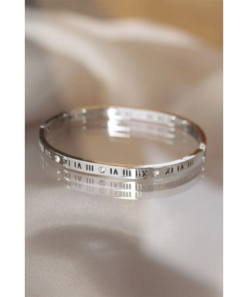 316L Çelik Roma Rakamlı Silver Renk Bilezik Kelepçe