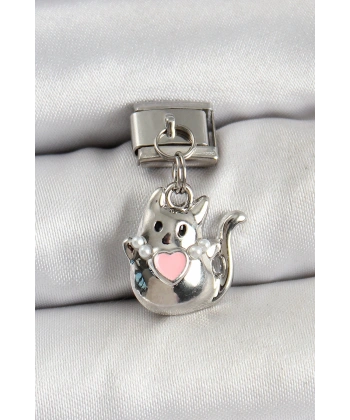 316L Çelik Sallantılı Kalp Detaylı Kedi Model Gümüş Renk Nomination Charm