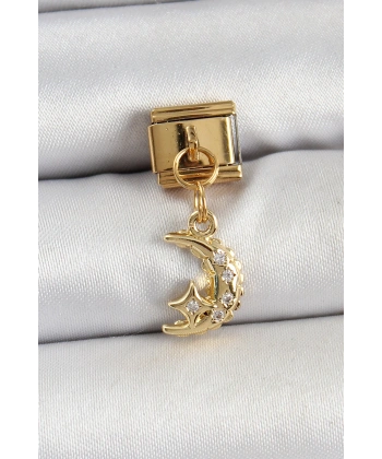 316L Çelik Sallantılı Zirkon Taşlı Ay Model Gold Renk Nomination Charm