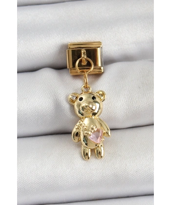 316L Çelik Sallantılı Zirkon Taşlı Ayıcık Model Gold Renk Nomination Charm