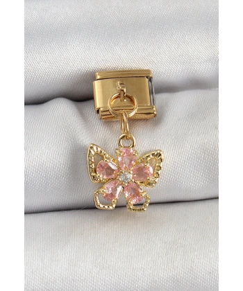 316L Çelik Sallantılı Zirkon Taşlı Çiçek Figürlü Kelebek Model Gold Renk Nomination Charm