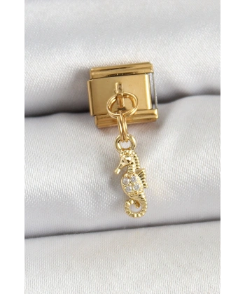 316L Çelik Sallantılı Zirkon Taşlı Çiçek Model Gold Renk Nomination Charm