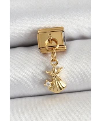 316L Çelik Sallantılı Zirkon Taşlı Deniz Yıldızı Ve İstiridye Model Gold Renk Nomination Charm