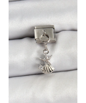 316L Çelik Sallantılı Zirkon Taşlı Deniz Yıldızı Ve İstiridye Model Gümüş Renk Nomination Charm