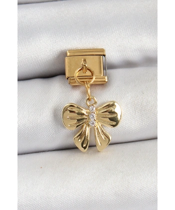 316L Çelik Sallantılı Zirkon Taşlı Fiyonk Model Gold Renk Nomination Charm