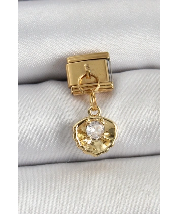 316L Çelik Sallantılı Zirkon Taşlı İstiridye Model Gold Renk Nomination Charm