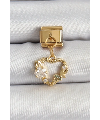316L Çelik Sallantılı Zirkon Taşlı Kalp Model Gold Renk Nomination Charm