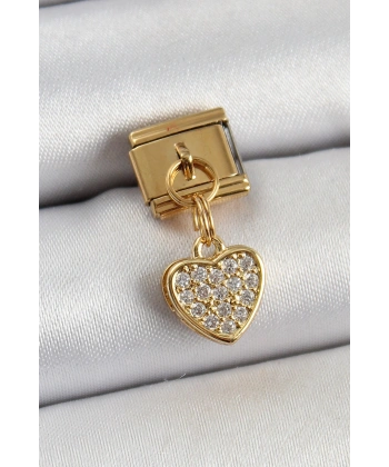 316L Çelik Sallantılı Zirkon Taşlı Kalp Model Gold Renk Nomination Charm
