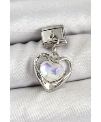 316L Çelik Sallantılı Zirkon Taşlı Kalp Model Gümüş Renk Nomination Charm