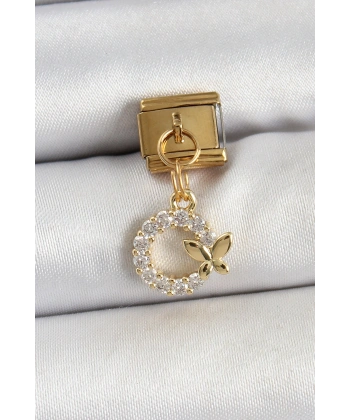 316L Çelik Sallantılı Zirkon Taşlı Kelebek Detaylı Halka Model Gold Renk Nomination Charm