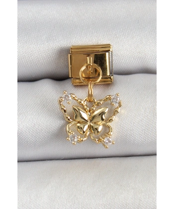 316L Çelik Sallantılı Zirkon Taşlı Kelebek Model Gold Renk Nomination Charm