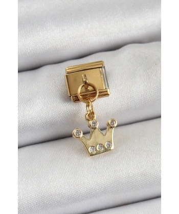 316L Çelik Sallantılı Zirkon Taşlı Kraliçe Tacı Model Gold Renk Nomination Charm