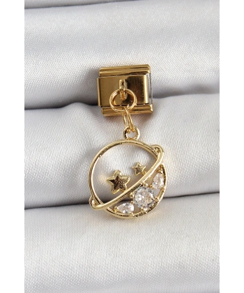 316L Çelik Sallantılı Zirkon Taşlı Satürn Model Gold Renk Nomination Charm
