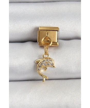 316L Çelik Sallantılı Zirkon Taşlı Yunus Balığı Model Gold Renk Nomination Charm
