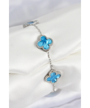 316L Çelik Sedefli Gökyüzü Mavisi Gümüş Renk Yonca Kadın Bileklik