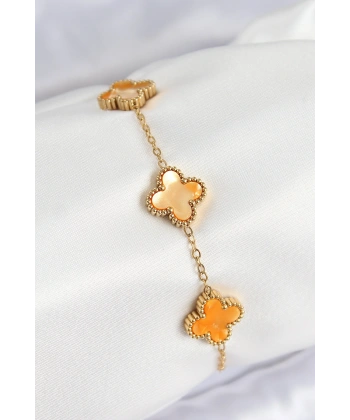 316L Çelik Sedefli Turuncu Gold Renk Yonca Kadın Bileklik