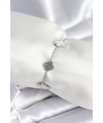 316L Çelik Zincir Gümüş Renk Zirkon Taşlı Yonca Beyaz Kadın Bileklik