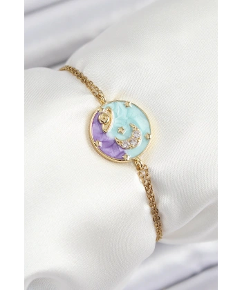 316L Çelik Zincir Mineli Sanatsal Portre Zirkon Taşlı Gezegen Model Gold Renk Kadın Bileklik