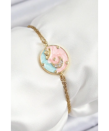 316L Çelik Zincir Mineli Sanatsal Portre Zirkon Taşlı Gezegen Model Gold Renk Kadın Bileklik