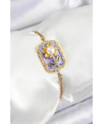 316L Çelik Zincir Mor Mineli Sanatsal Portre İnci Detaylı Papatya Model Gold Renk Kadın Bileklik