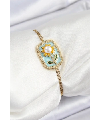 316L Çelik Zincir Turkuaz Mineli Sanatsal Portre İnci Detaylı Papatya Model Gold Renk Kadın Bileklik