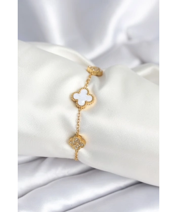 316L Çelik Zincir Zirkon Taşlı Yonca Beyaz Kadın Bileklik